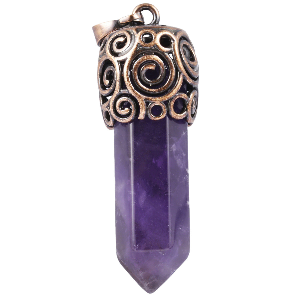 Natural Crystal Single-pointed Hexagonal Column Alloy Spiral Pattern Top Pendant European and American Style Creative Hexagonal Column Crystal Pendant