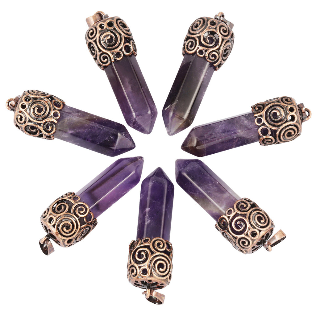 Natural Crystal Single-pointed Hexagonal Column Alloy Spiral Pattern Top Pendant European and American Style Creative Hexagonal Column Crystal Pendant