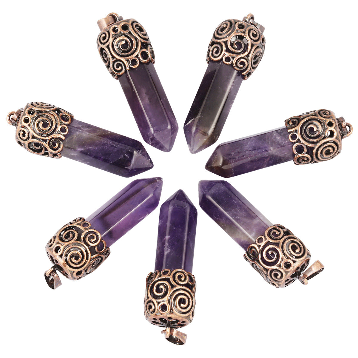 Natural Crystal Single-pointed Hexagonal Column Alloy Spiral Pattern Top Pendant European and American Style Creative Hexagonal Column Crystal Pendant