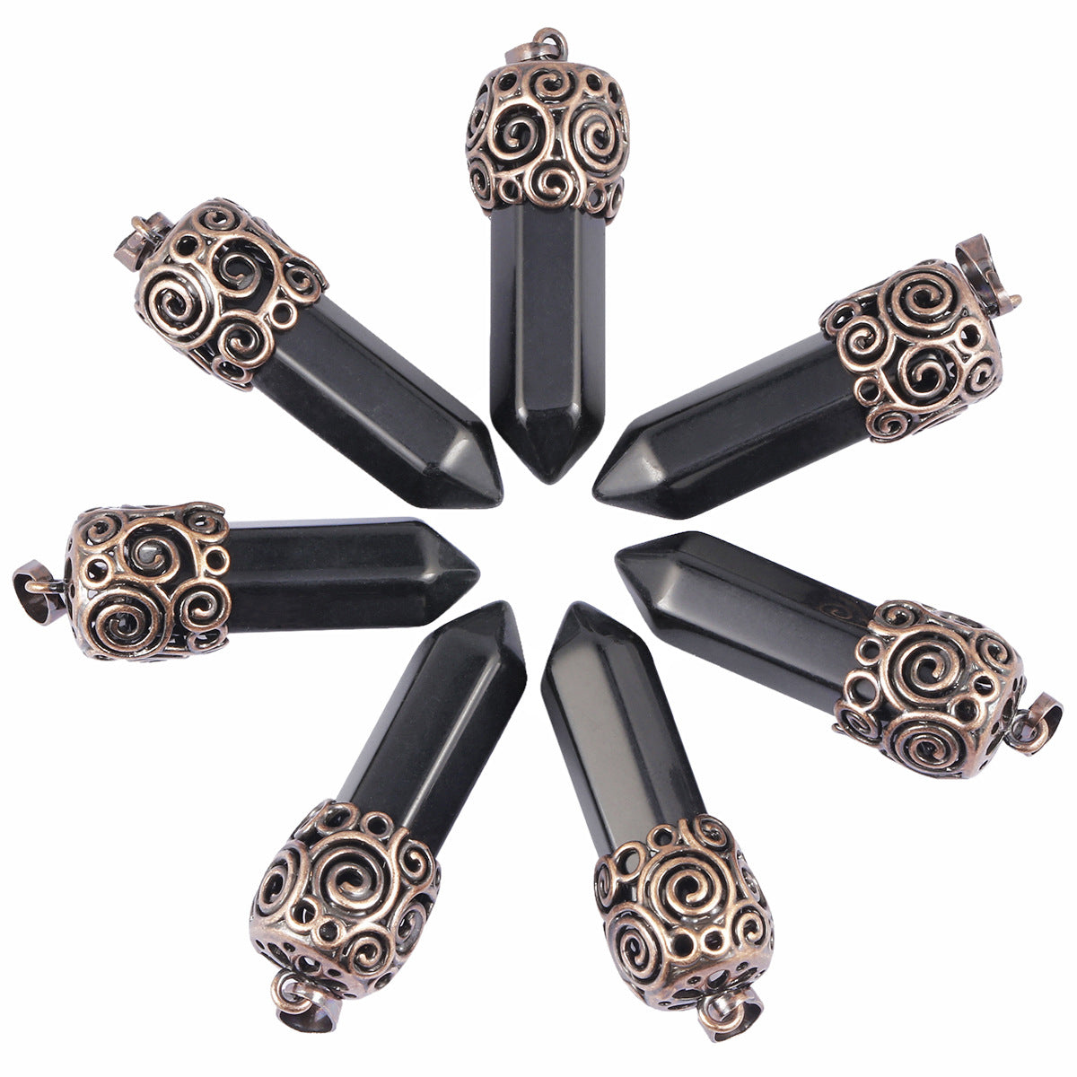 Natural Crystal Single-pointed Hexagonal Column Alloy Spiral Pattern Top Pendant European and American Style Creative Hexagonal Column Crystal Pendant