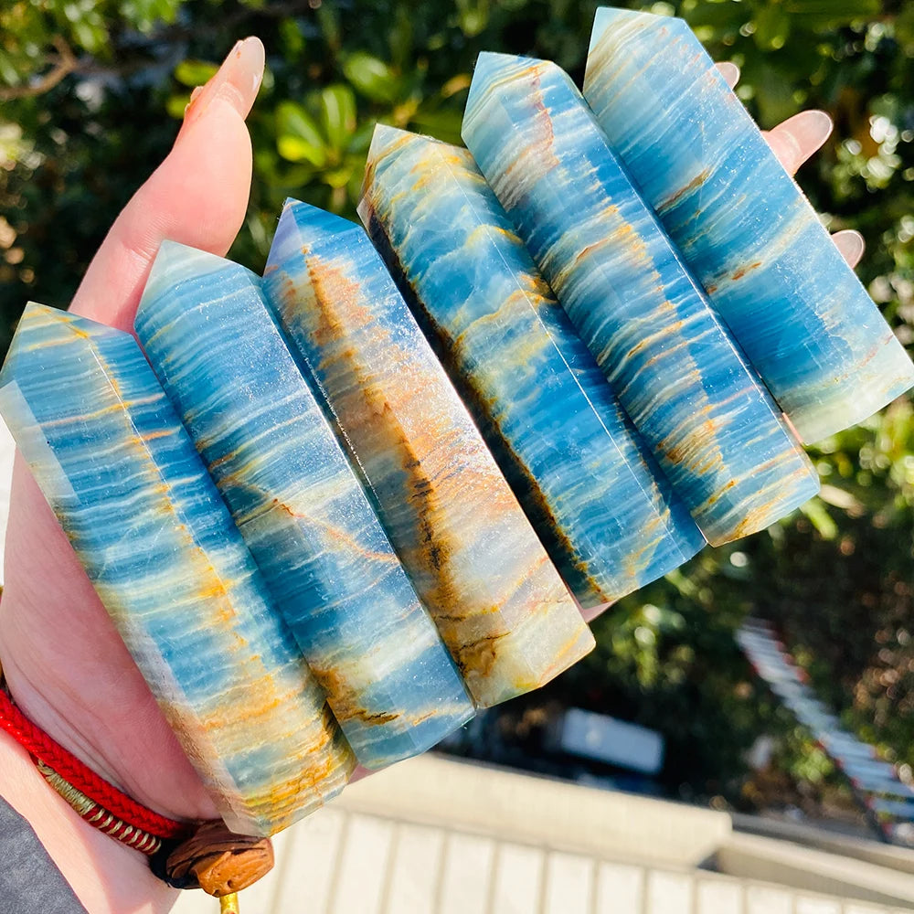 1pc Aqua Blue Calcite Tower, Lemurian Blue Column, Natural Stone Crystal Pillar for Home Decor