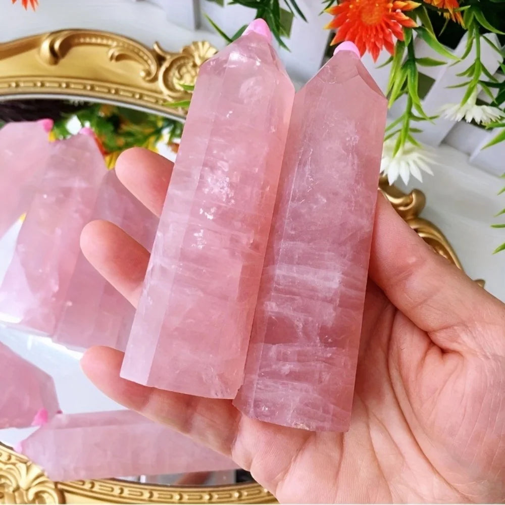 4.33inch Premium Pink Quartz Tower Smooth Hexagonal Prism Meditation Magic Wand Healing Gemstone Crystal Tower for Home Decor