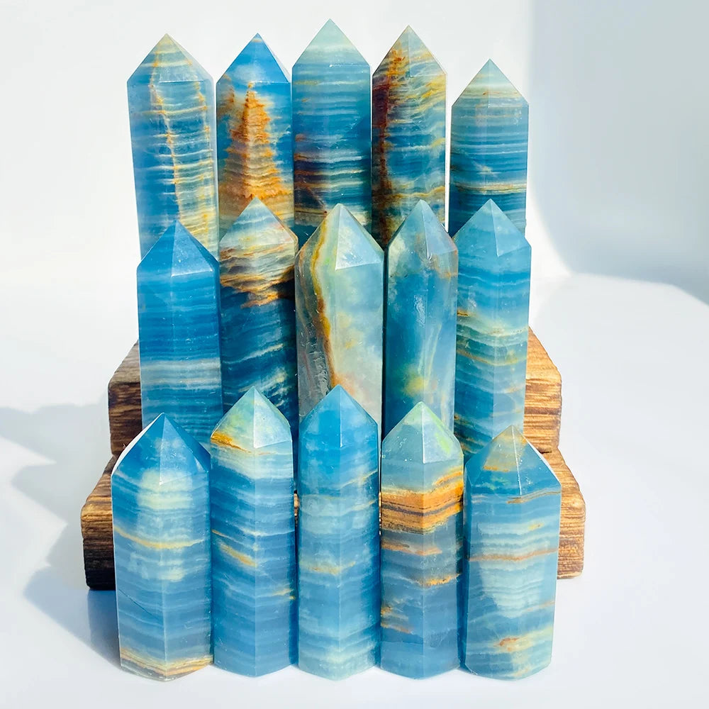 1pc Aqua Blue Calcite Tower, Lemurian Blue Column, Natural Stone Crystal Pillar for Home Decor