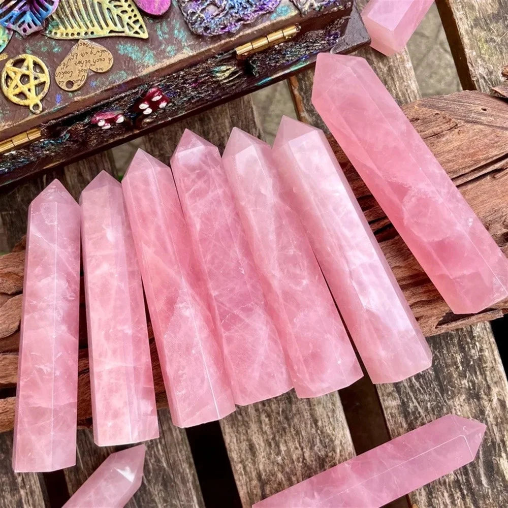 4.33inch Premium Pink Quartz Tower Smooth Hexagonal Prism Meditation Magic Wand Healing Gemstone Crystal Tower for Home Decor